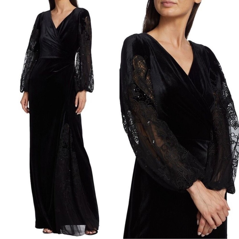 Teri Jon By Rickie Freeman Black Lace Flower Velvet Long Sleeve Gown Warp Evenin